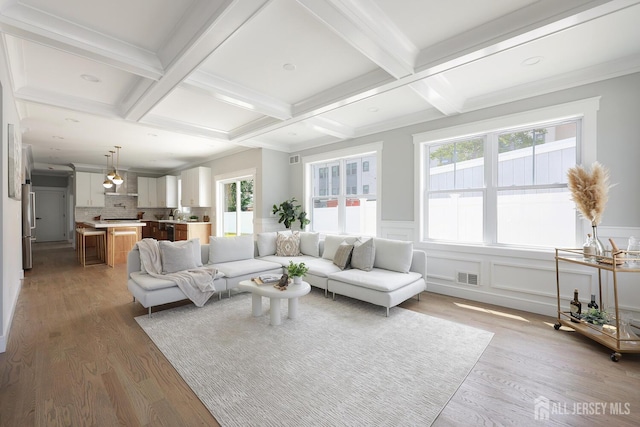 14 Thomasine St, Edison, NJ 08817 - living room featuring coffered ceiling, beamed ceiling, wood finished floors, a wainscoted wall, and a decorative wall