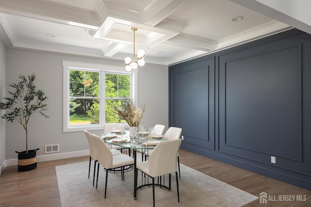 14 Thomasine St, Edison, NJ 08817 - dining room featuring a chandelier, coffered ceiling, wood finished floors, ornamental molding, and beam ceiling