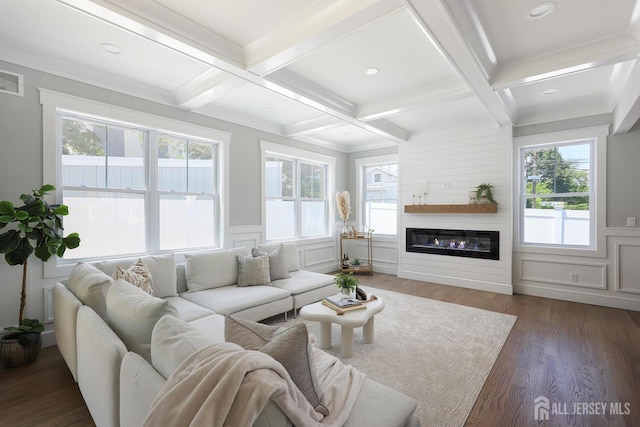 14 Thomasine St, Edison, NJ 08817 - living area featuring coffered ceiling, beam ceiling, wood finished floors, a decorative wall, and wainscoting