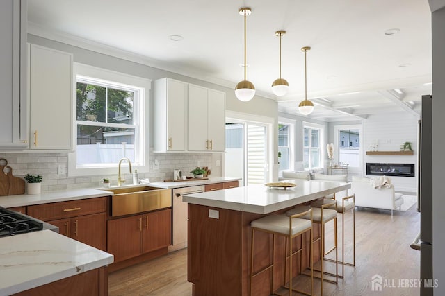 14 Thomasine St, Edison, NJ 08817 - kitchen featuring dishwasher, open floor plan, crown molding, backsplash, and light wood-style flooring