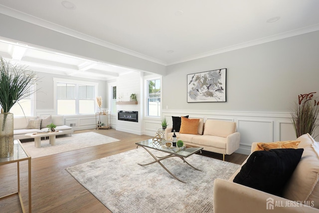 14 Thomasine St, Edison, NJ 08817 - living room with wood finished floors, a decorative wall, crown molding, coffered ceiling, and beam ceiling