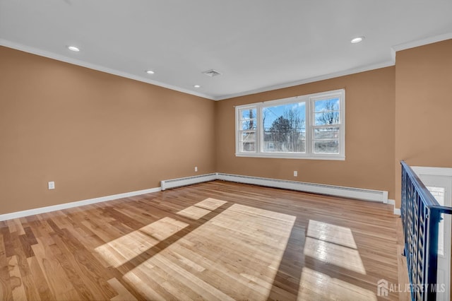 14 Ridgeview Rd, Jamesburg, NJ 08831 - empty room featuring ornamental molding, light wood-style floors, baseboards, a baseboard heating unit, and recessed lighting