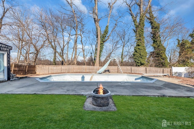 14 Ridgeview Rd, Jamesburg, NJ 08831 - view of pool with a fire pit, a diving board, a patio, and a water slide