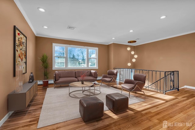 14 Ridgeview Rd, Jamesburg, NJ 08831 - living area featuring crown molding, light wood-style floors, baseboards, recessed lighting, and a baseboard radiator