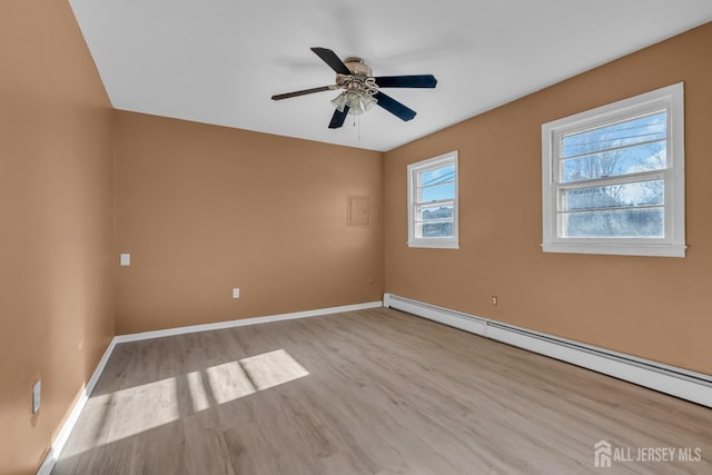 14 Ridgeview Rd, Jamesburg, NJ 08831 - spare room featuring a baseboard heating unit, wood finished floors, baseboards, and a ceiling fan