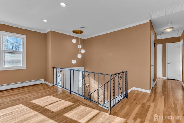14 Ridgeview Rd, Jamesburg, NJ 08831 - corridor with attic access, an upstairs landing, wood finished floors, baseboards, and crown molding