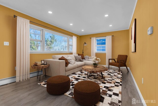 14 Ridgeview Rd, Jamesburg, NJ 08831 - living area with wood finished floors, baseboards, a baseboard radiator, and recessed lighting