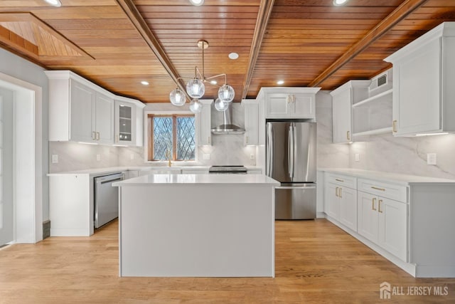 657 Amboy Ave, Edison, NJ 08837 - kitchen featuring stainless steel appliances, wooden ceiling, open shelves, white cabinets, and wall chimney exhaust hood
