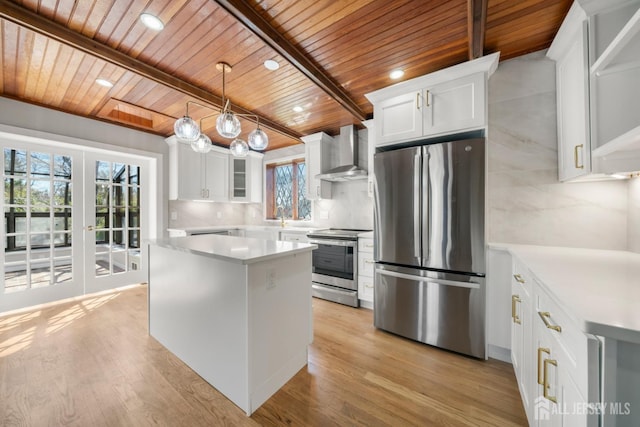 657 Amboy Ave, Edison, NJ 08837 - kitchen featuring appliances with stainless steel finishes, wall chimney range hood, wooden ceiling with exposed beams, light countertops, and white cabinets