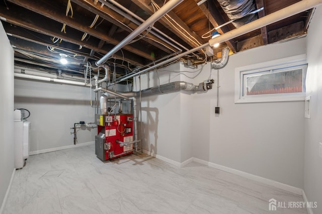 657 Amboy Ave, Edison, NJ 08837 - unfinished basement with a heating unit, marble look tiles, washer / clothes dryer, and baseboards