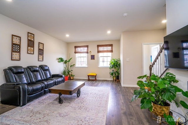 102 Matutina Rd, Monroe, NJ 08831 - living area featuring dark wood-type flooring, stairs, and recessed lighting