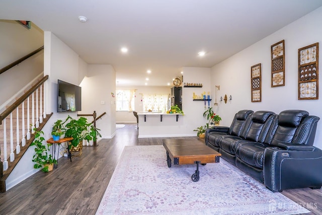102 Matutina Rd, Monroe, NJ 08831 - living area featuring dark wood-style floors, recessed lighting, and stairs