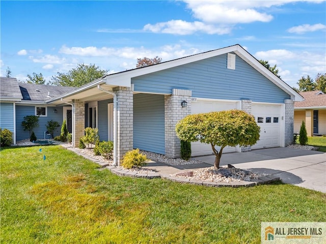 ranch-style home with a garage and a front yard