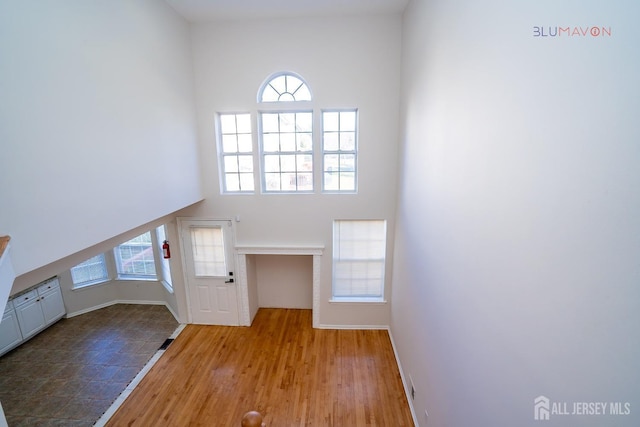 unfurnished living room featuring light hardwood / wood-style floors, a towering ceiling, and a healthy amount of sunlight