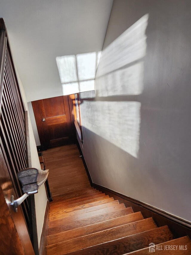 stairway featuring hardwood / wood-style floors