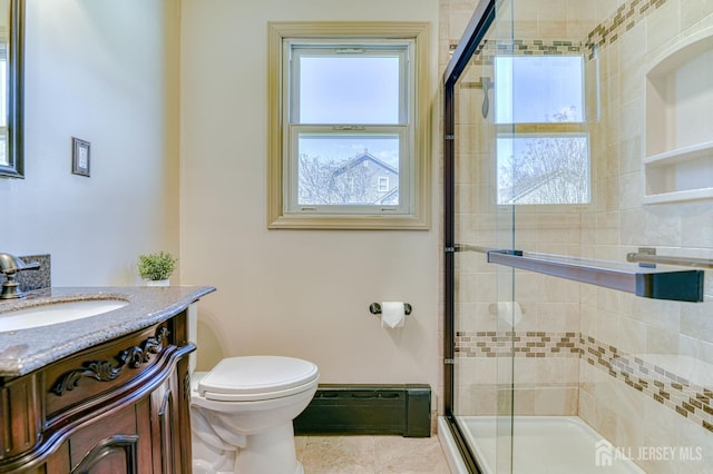 19 W Joffre Ave W, Milltown, NJ 08850 - full bathroom featuring a baseboard heating unit, vanity, a shower stall, and tile patterned flooring