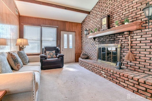 19 W Joffre Ave W, Milltown, NJ 08850 - living area with a fireplace, carpet floors, wooden walls, and brick wall