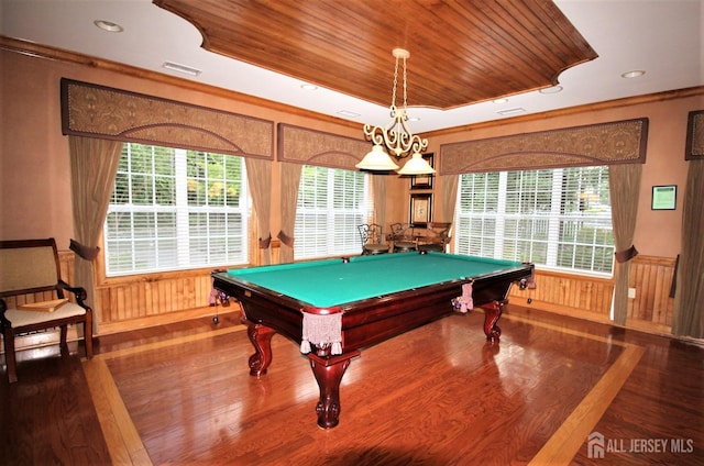 rec room with visible vents, pool table, a wainscoted wall, wood ceiling, and a raised ceiling