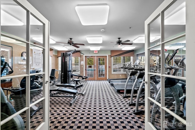 gym with french doors and ceiling fan