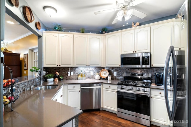 kitchen featuring dark wood-style floors, a sink, stainless steel appliances, crown molding, and tasteful backsplash