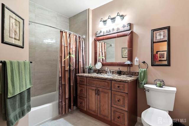 bathroom featuring tile patterned floors, toilet, shower / tub combo with curtain, and vanity