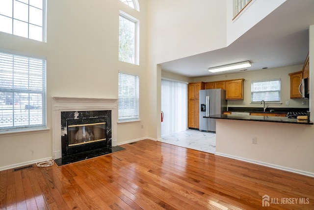 kitchen with stainless steel appliances, a fireplace, light wood-type flooring, and kitchen peninsula