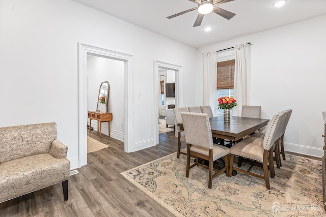 94 2nd St, Keyport, NJ 07735 - dining room featuring ceiling fan, baseboards, wood finished floors, and recessed lighting