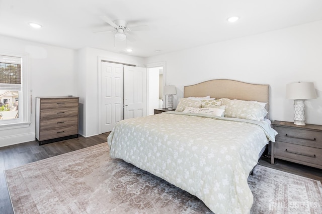 94 2nd St, Keyport, NJ 07735 - bedroom featuring wood finished floors, a closet, recessed lighting, and a ceiling fan