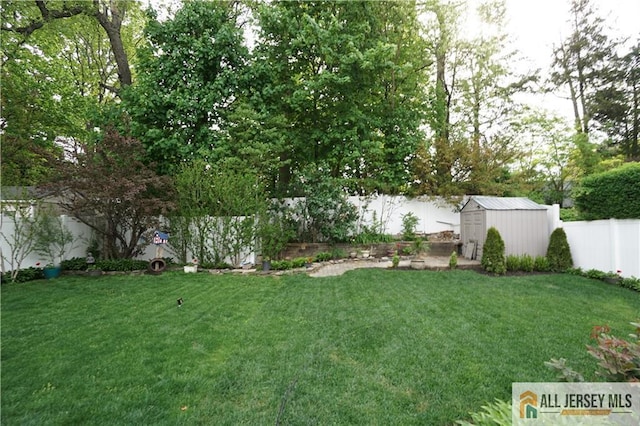 view of yard featuring a storage shed and an outdoor structure