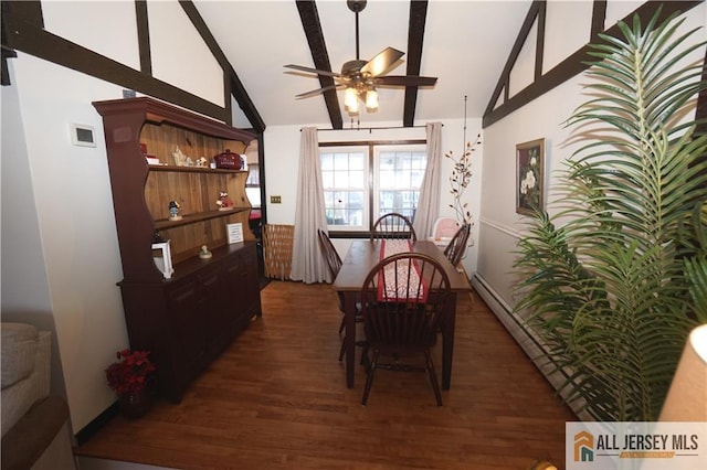 dining space with a ceiling fan, beamed ceiling, dark wood-style floors, and high vaulted ceiling