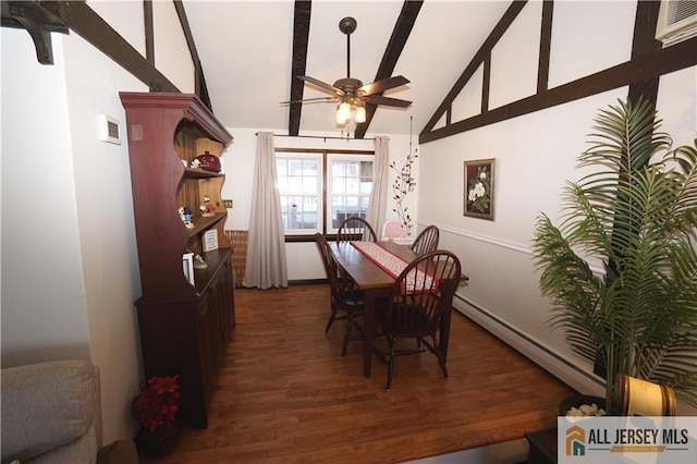 dining area featuring a ceiling fan, beam ceiling, wood finished floors, high vaulted ceiling, and baseboard heating