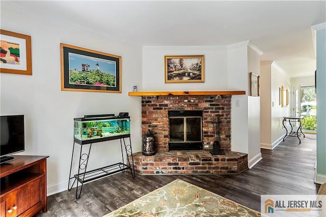 living room with ornamental molding, a fireplace, and dark hardwood / wood-style floors