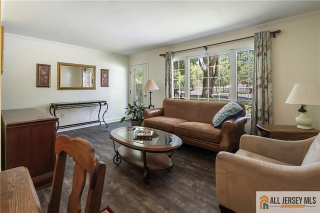 living room with ornamental molding and dark hardwood / wood-style floors