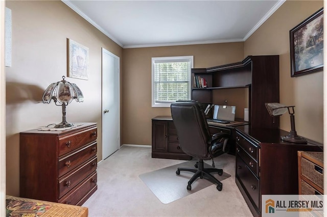 carpeted home office with ornamental molding