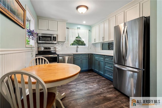 kitchen with white cabinets, appliances with stainless steel finishes, dark hardwood / wood-style floors, sink, and blue cabinets