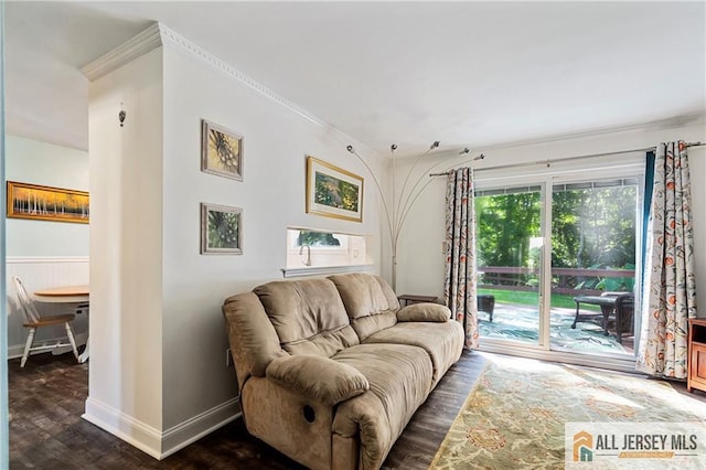 living room with ornamental molding and dark wood-type flooring