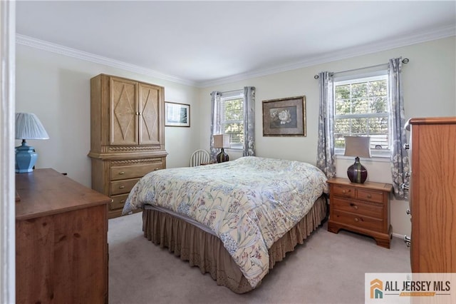 bedroom featuring light carpet and ornamental molding