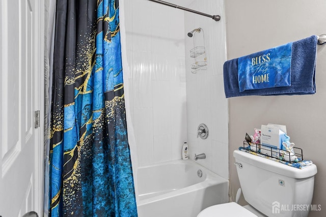 bathroom featuring toilet and shower / tub combo with curtain