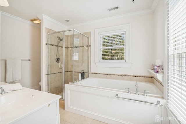 59 S Main St, Cranbury, NJ 08512 - bathroom with a bath, a shower stall, crown molding, vanity, and tile patterned flooring