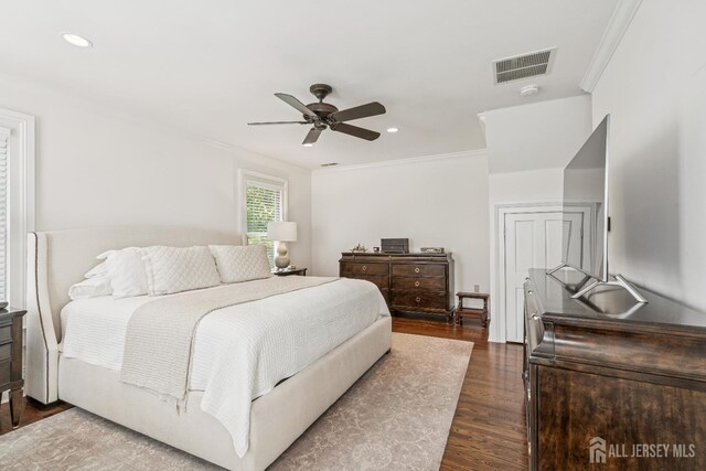 59 S Main St, Cranbury, NJ 08512 - bedroom featuring crown molding, wood finished floors, recessed lighting, and a ceiling fan