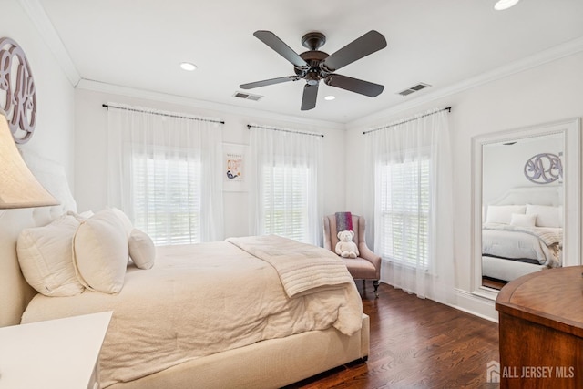 59 S Main St, Cranbury, NJ 08512 - bedroom with dark wood-style floors, crown molding, recessed lighting, and ceiling fan