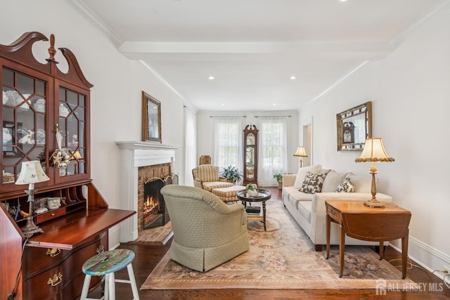 59 S Main St, Cranbury, NJ 08512 - living area with wood finished floors, a fireplace, ornamental molding, and recessed lighting