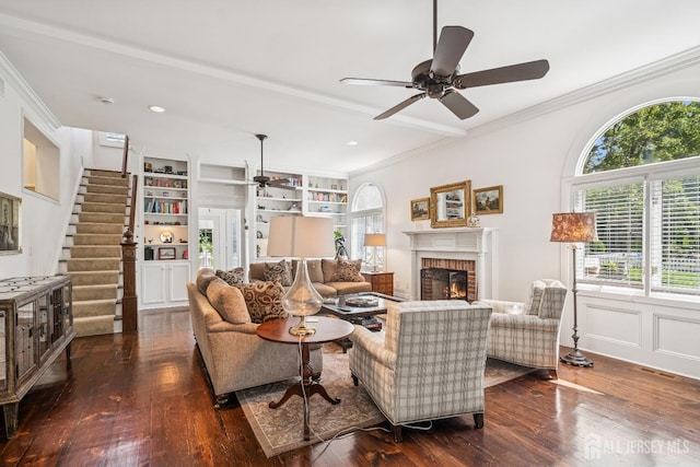 59 S Main St, Cranbury, NJ 08512 - living area with ceiling fan, dark wood-type flooring, healthy amount of natural light, stairway, and ornamental molding