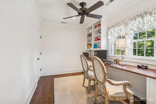 59 S Main St, Cranbury, NJ 08512 - home office with built in desk, wood finished floors, ceiling fan, and crown molding