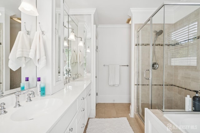 59 S Main St, Cranbury, NJ 08512 - full bath with a stall shower, double vanity, ornamental molding, a bath, and tile patterned floors