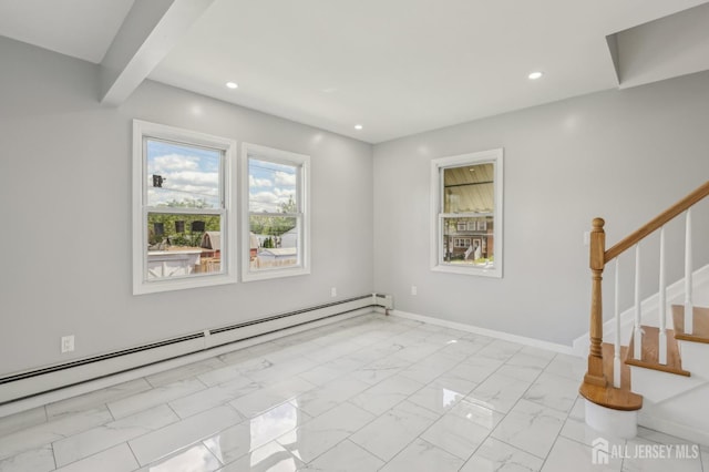 unfurnished room featuring a baseboard radiator, marble finish flooring, recessed lighting, stairs, and baseboards