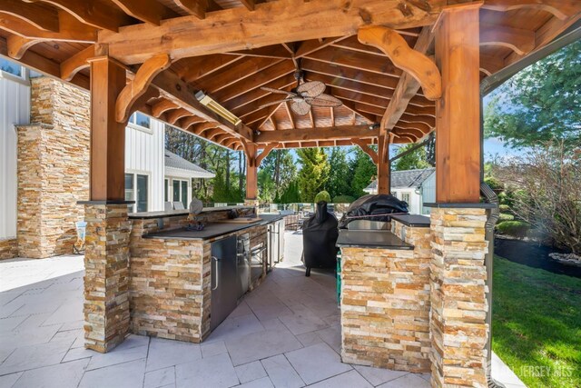 7 Leighton Dr, East Brunswick, NJ 08816 - view of patio / terrace with a gazebo, a ceiling fan, area for grilling, and outdoor wet bar