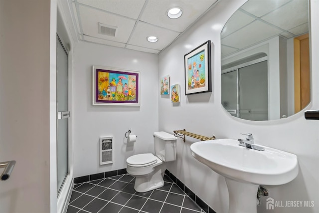7 Leighton Dr, East Brunswick, NJ 08816 - full bathroom featuring heating unit, a stall shower, visible vents, tile patterned flooring, and a paneled ceiling