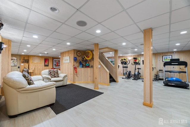 7 Leighton Dr, East Brunswick, NJ 08816 - living room featuring recessed lighting, wood walls, and stairs