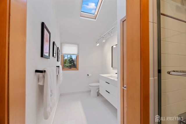 7 Leighton Dr, East Brunswick, NJ 08816 - full bath with a skylight, vanity, a shower with shower door, and toilet